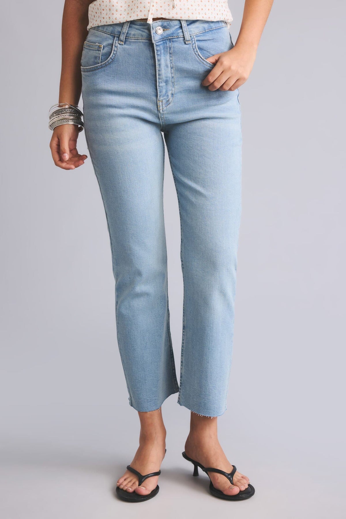 Cotton Crop Flare Fit High Waist Light Blue Jeans