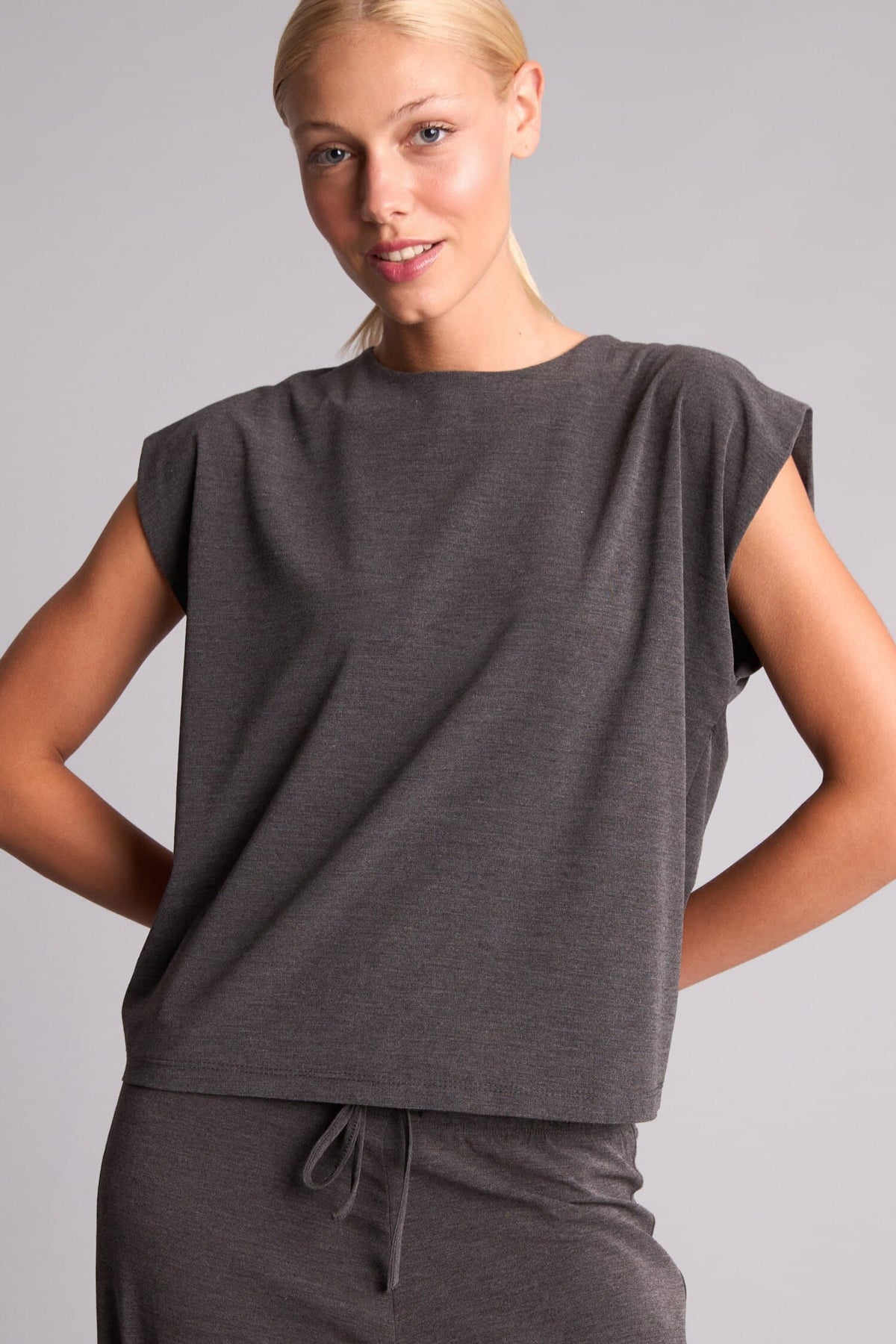 Loose Fit Crew Neck Crepe Short Sleeve Light Brown Blouse Main image