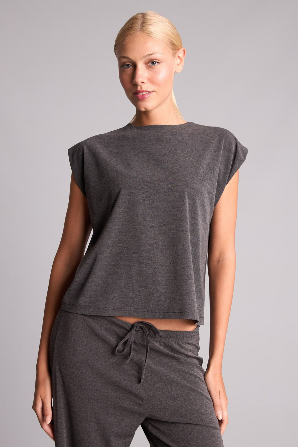 Loose Fit Crew Neck Crepe Short Sleeve Light Brown Blouse