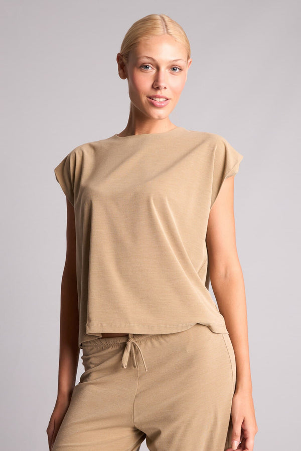 Loose Fit Crew Neck Crepe Short Sleeve Light Brown Blouse