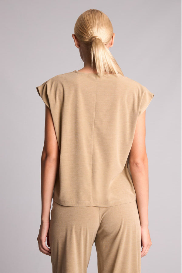 Loose Fit Crew Neck Crepe Short Sleeve Light Brown Blouse