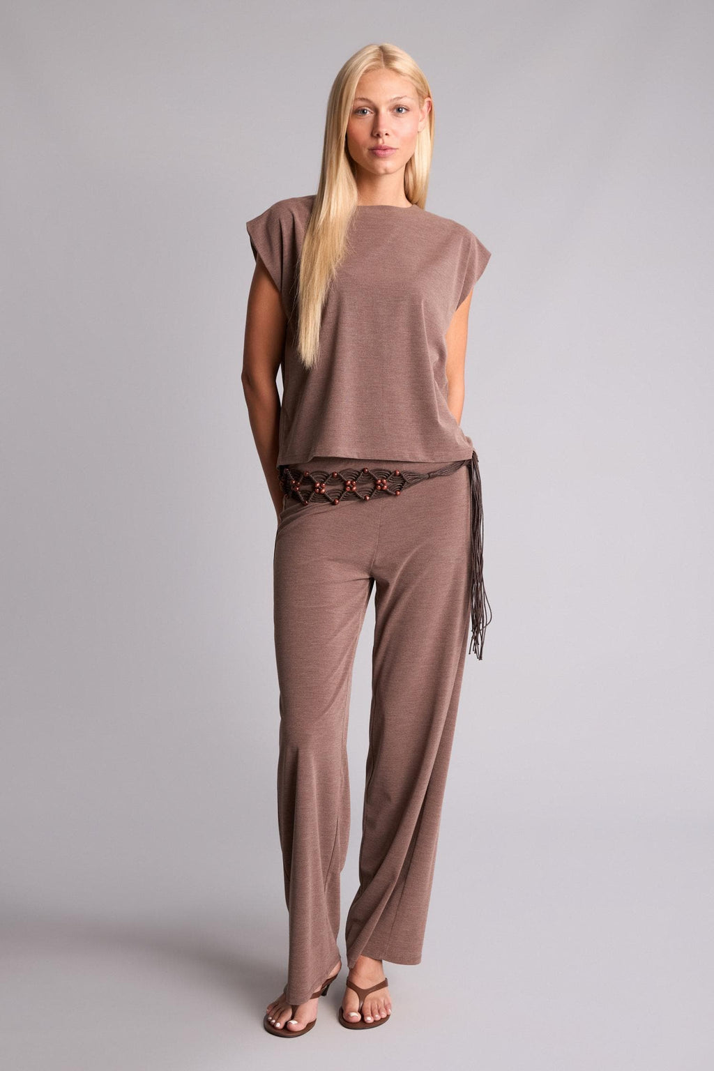 Loose Fit Crew Neck Crepe Short Sleeve Light Brown Blouse