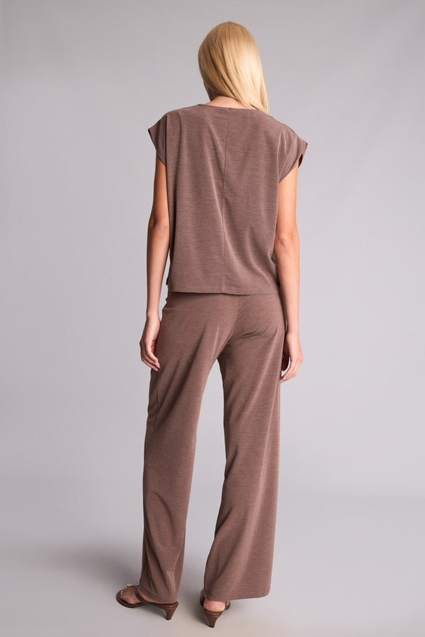 Loose Fit Crew Neck Crepe Short Sleeve Light Brown Blouse