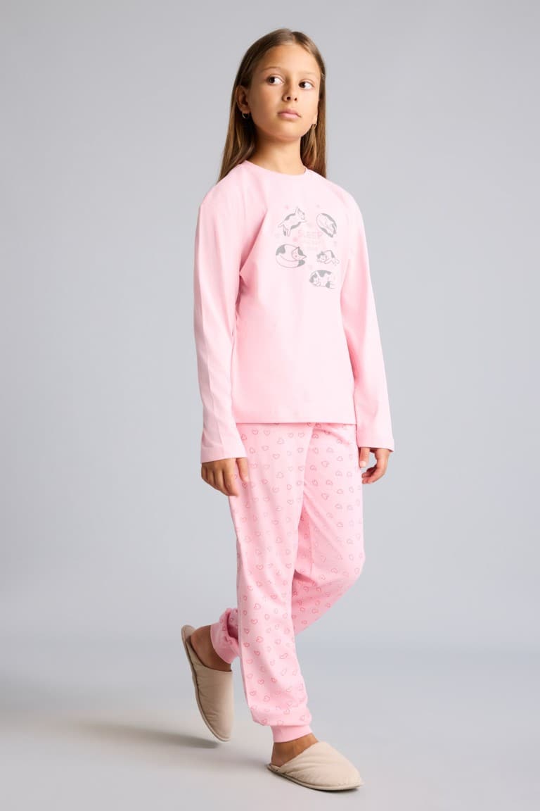 100% Cotton Printed Long Sleeve Elastic Leg Bottom 2 Pcs Pajama Set For Girls