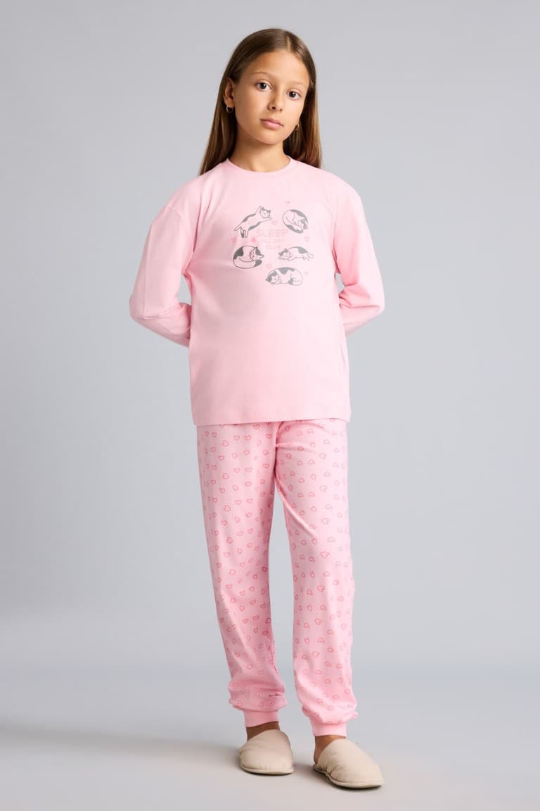 100% Cotton Printed Long Sleeve Elastic Leg Bottom 2 Pcs Pajama Set For Girls