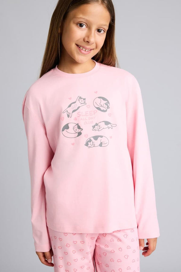 100% Cotton Printed Long Sleeve Elastic Leg Bottom 2 Pcs Pajama Set For Girls
