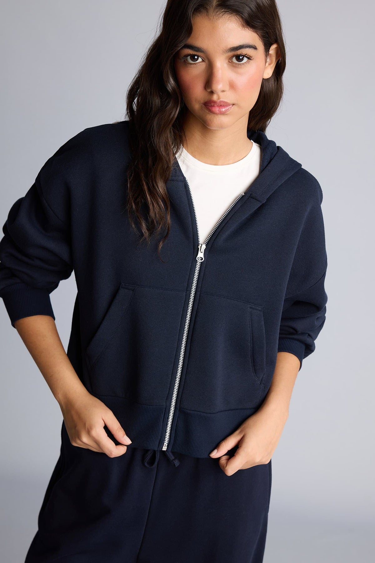 Regular Fit Hooded Thick Zippered Navy Blue Basic Sweatshirt