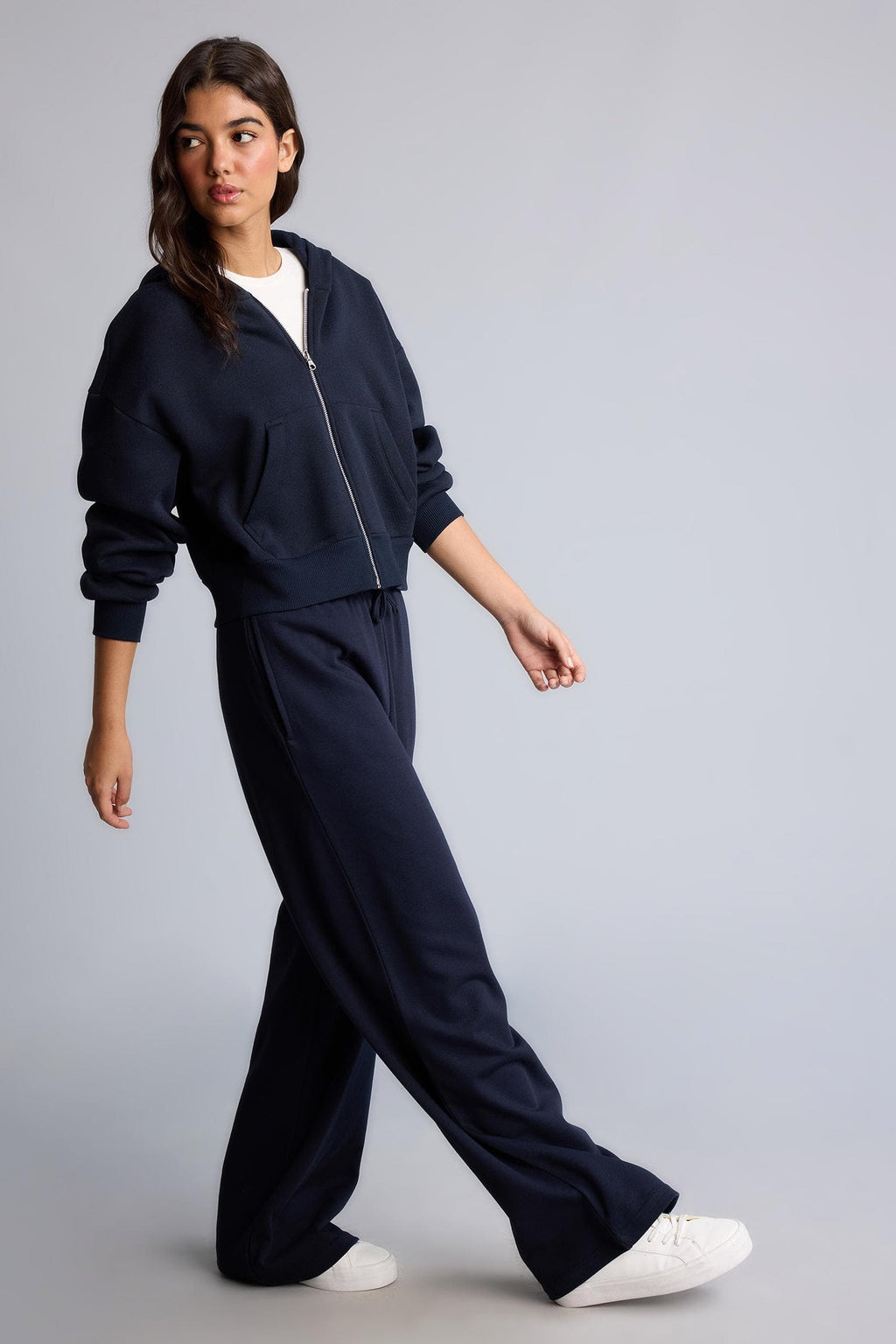 Regular Fit Hooded Thick Zippered Navy Blue Basic Sweatshirt