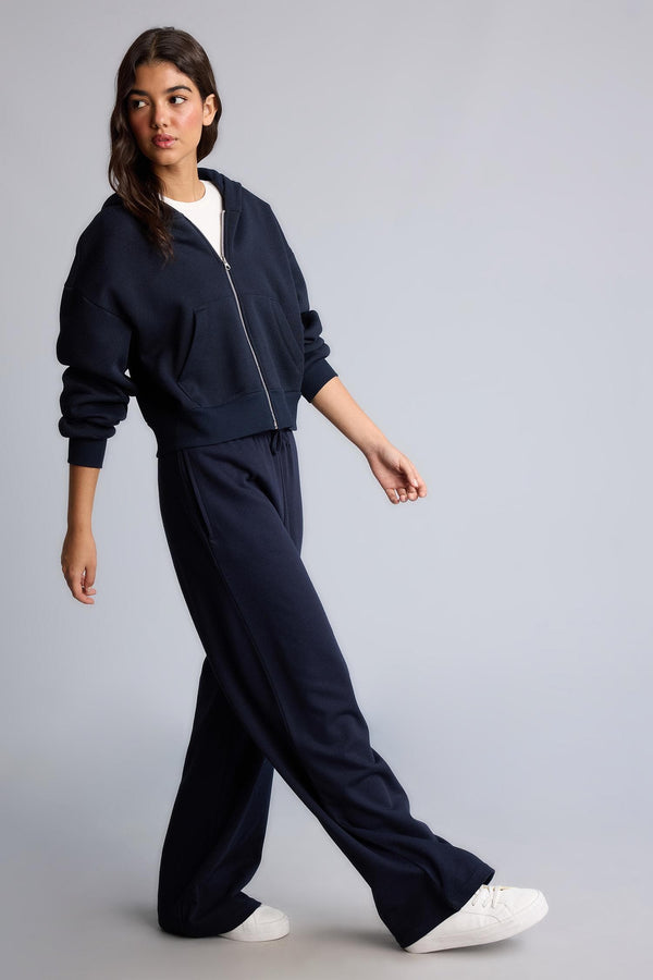 Regular Fit Hooded Thick Zippered Navy Blue Basic Sweatshirt