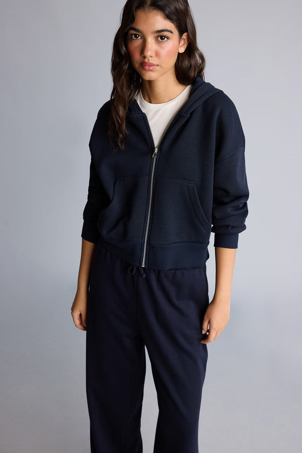 Regular Fit Hooded Thick Zippered Navy Blue Basic Sweatshirt