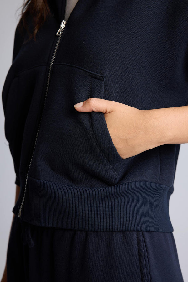 Regular Fit Hooded Thick Zippered Navy Blue Basic Sweatshirt