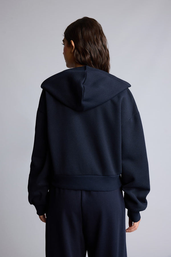 Regular Fit Hooded Thick Zippered Navy Blue Basic Sweatshirt