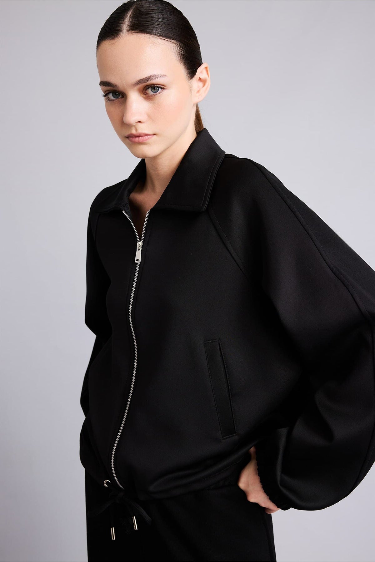 Overless Polo Collar Scuba Diver Fabric Zippered Cardigan