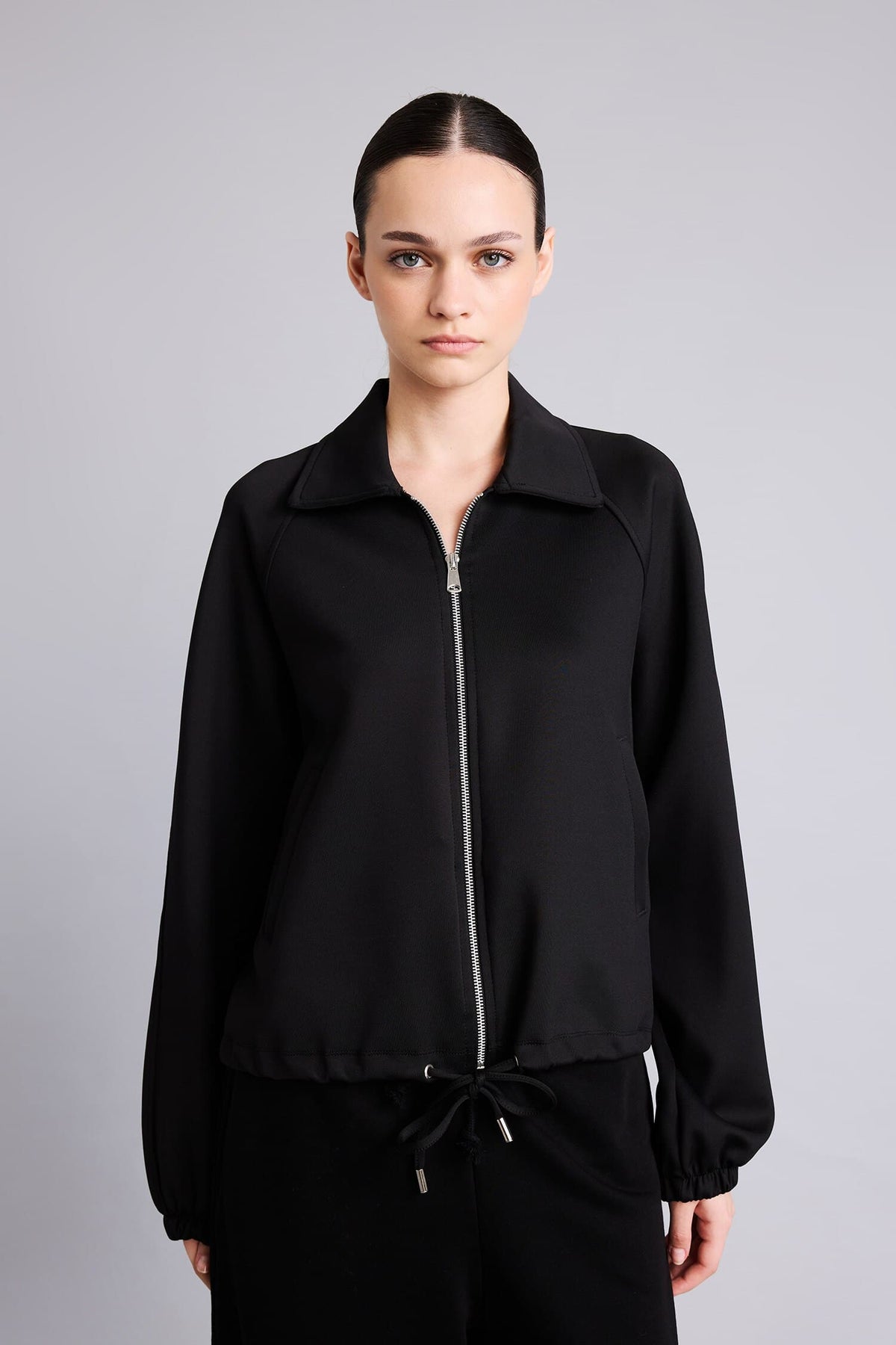 Overless Polo Collar Scuba Diver Fabric Zippered Cardigan
