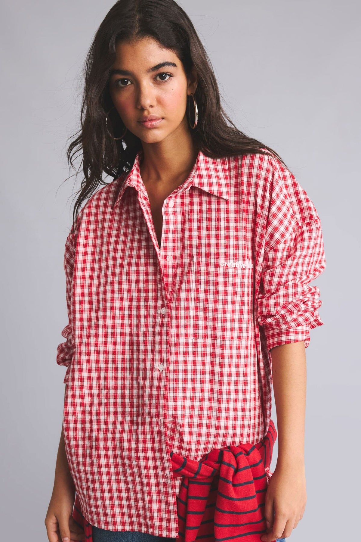 Cotton Overless Check Seersucker Textured Long Sleeve Red Shirt Main image