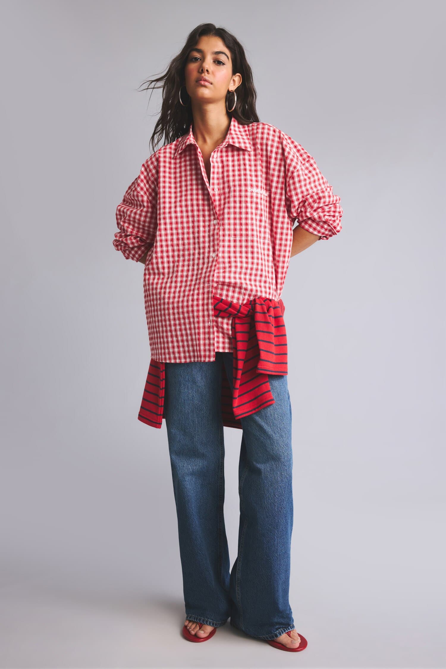 Cotton Overless Check Seersucker Textured Long Sleeve Red Shirt Secondary image