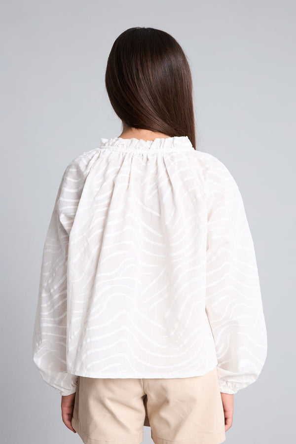 100% Cotton Apaş Collar Balloon Long Sleeve Voile Blouse For Girls
