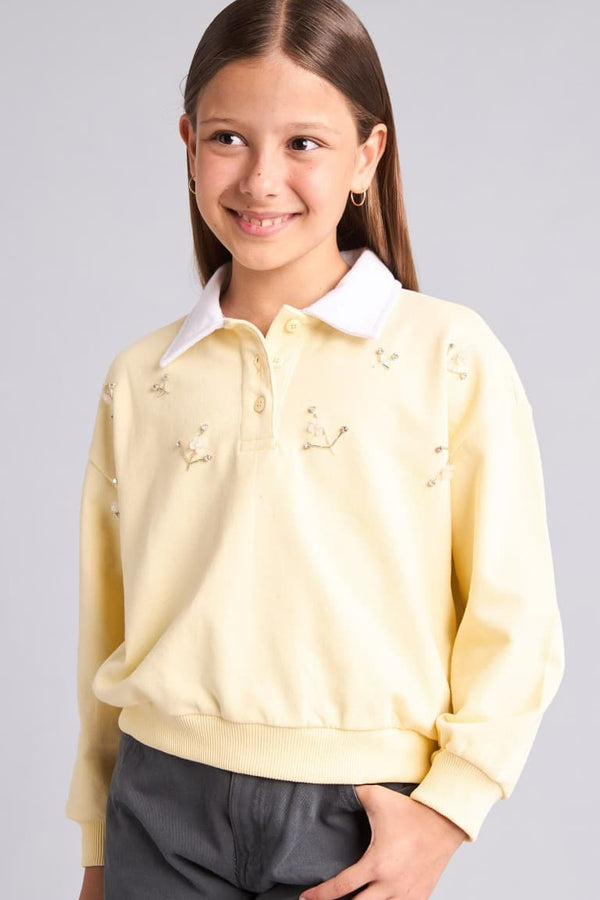 100% Cotton Relax Fit Long Sleeve Polo Collar Light Yellow Sweatshirt Girls