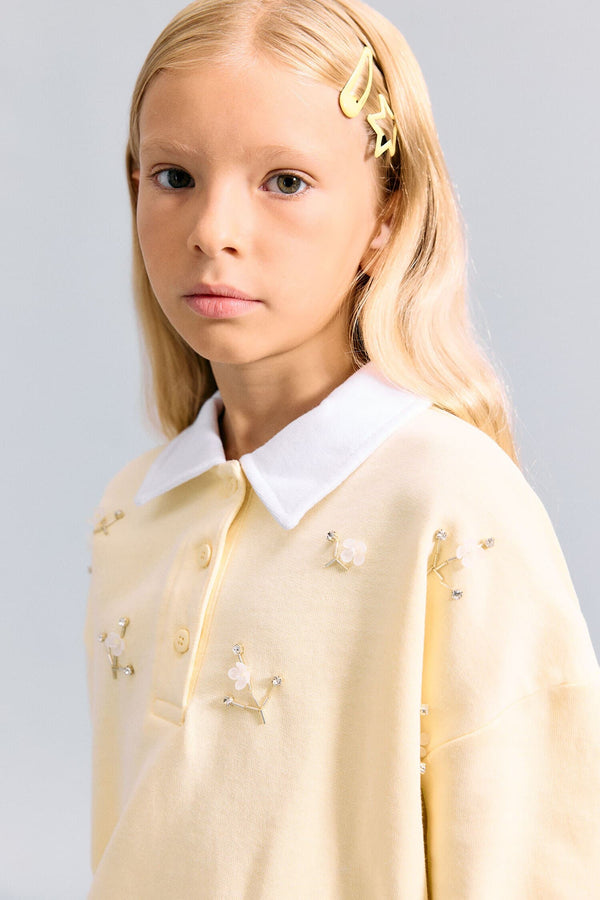 100% Cotton Relax Fit Long Sleeve Polo Collar Light Yellow Sweatshirt Girls