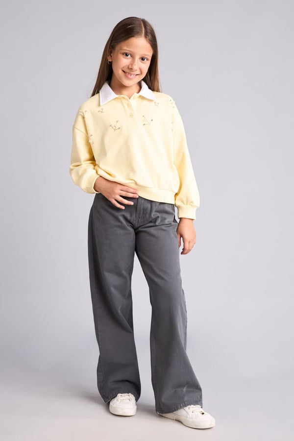 100% Cotton Relax Fit Long Sleeve Polo Collar Light Yellow Sweatshirt Girls