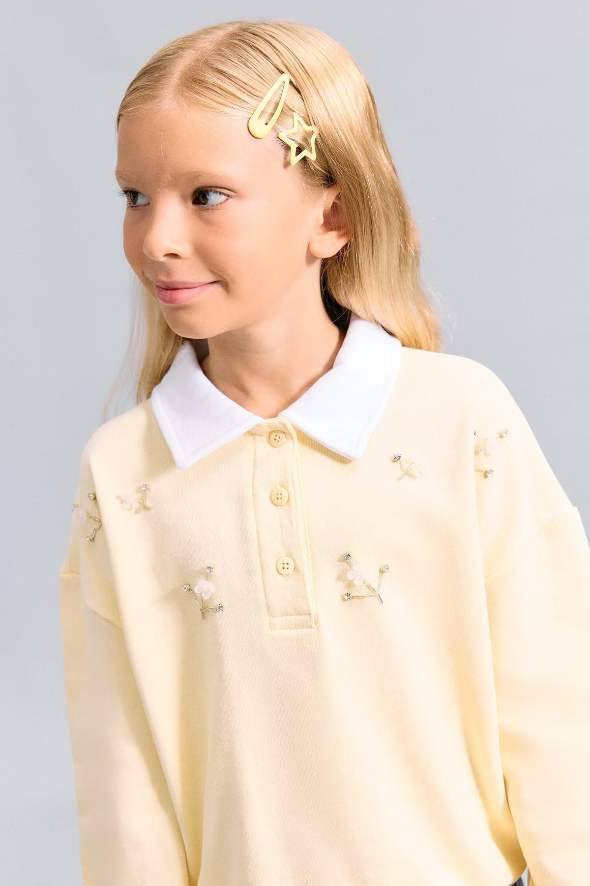 100% Cotton Relax Fit Long Sleeve Polo Collar Light Yellow Sweatshirt Girls