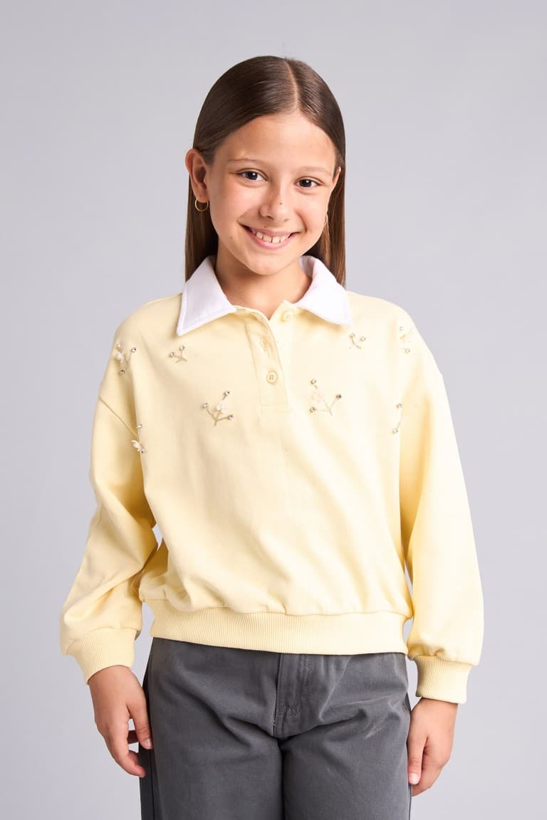 100% Cotton Relax Fit Long Sleeve Polo Collar Light Yellow Sweatshirt Girls
