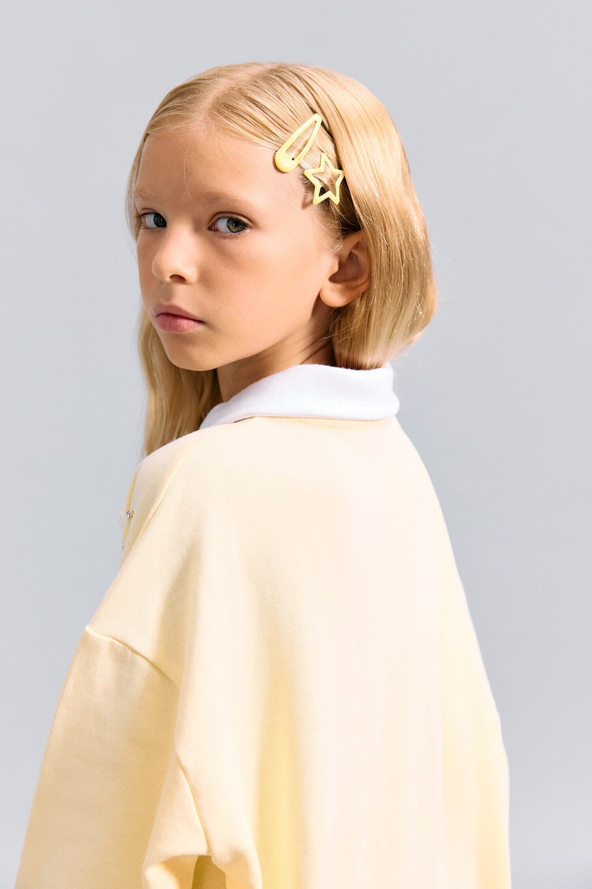 100% Cotton Relax Fit Long Sleeve Polo Collar Light Yellow Sweatshirt Girls