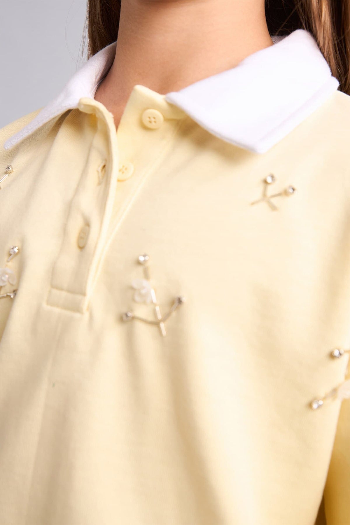 100% Cotton Relax Fit Long Sleeve Polo Collar Light Yellow Sweatshirt Girls