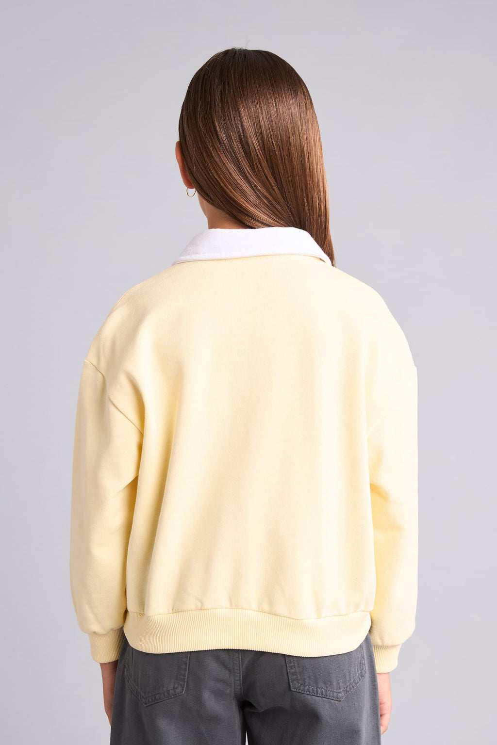 100% Cotton Relax Fit Long Sleeve Polo Collar Light Yellow Sweatshirt Girls