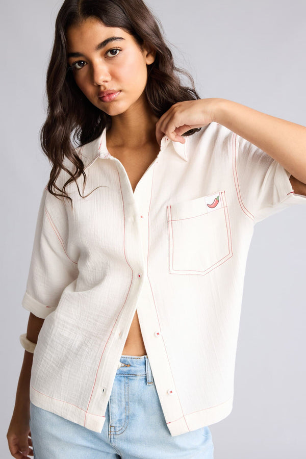 100% Cotton Overless Muslin Short Sleeve Embroidery Detailed Shirt