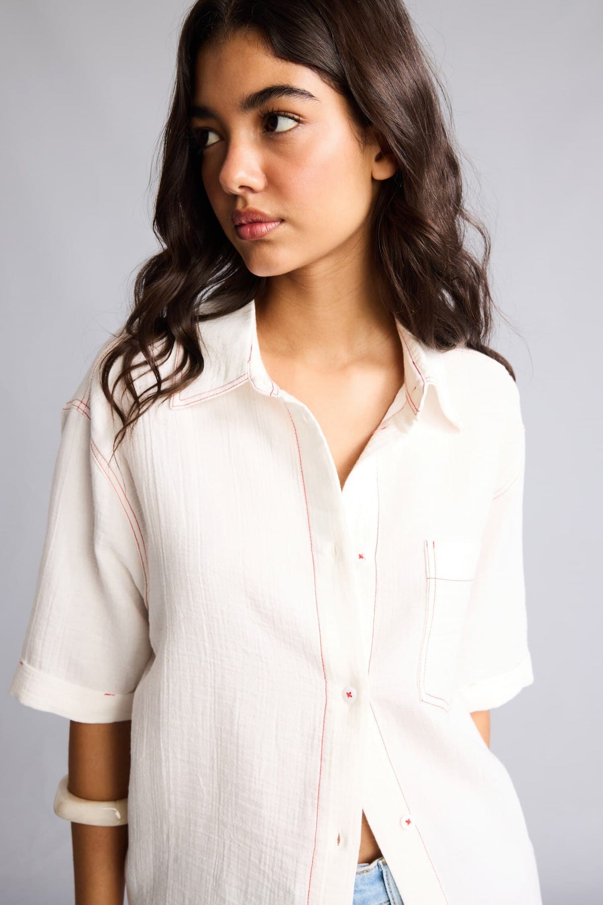 100% Cotton Overless Muslin Short Sleeve Embroidery Detailed Shirt