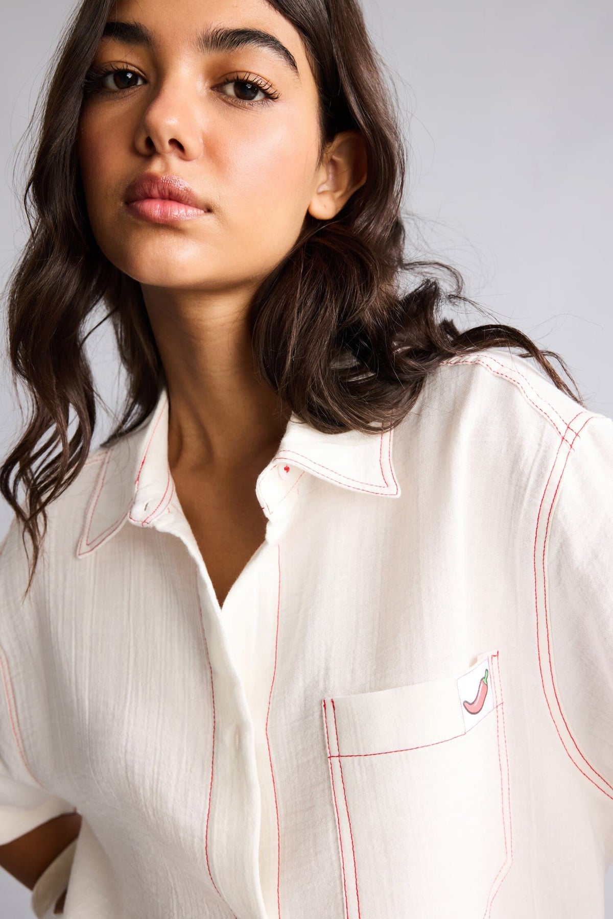 100% Cotton Overless Muslin Short Sleeve Embroidery Detailed Shirt