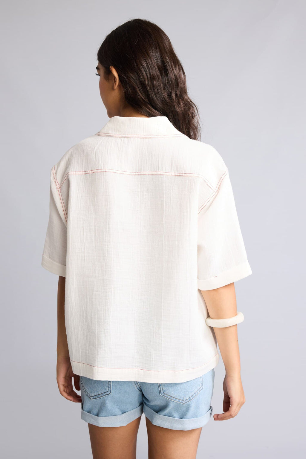 100% Cotton Overless Muslin Short Sleeve Embroidery Detailed Shirt