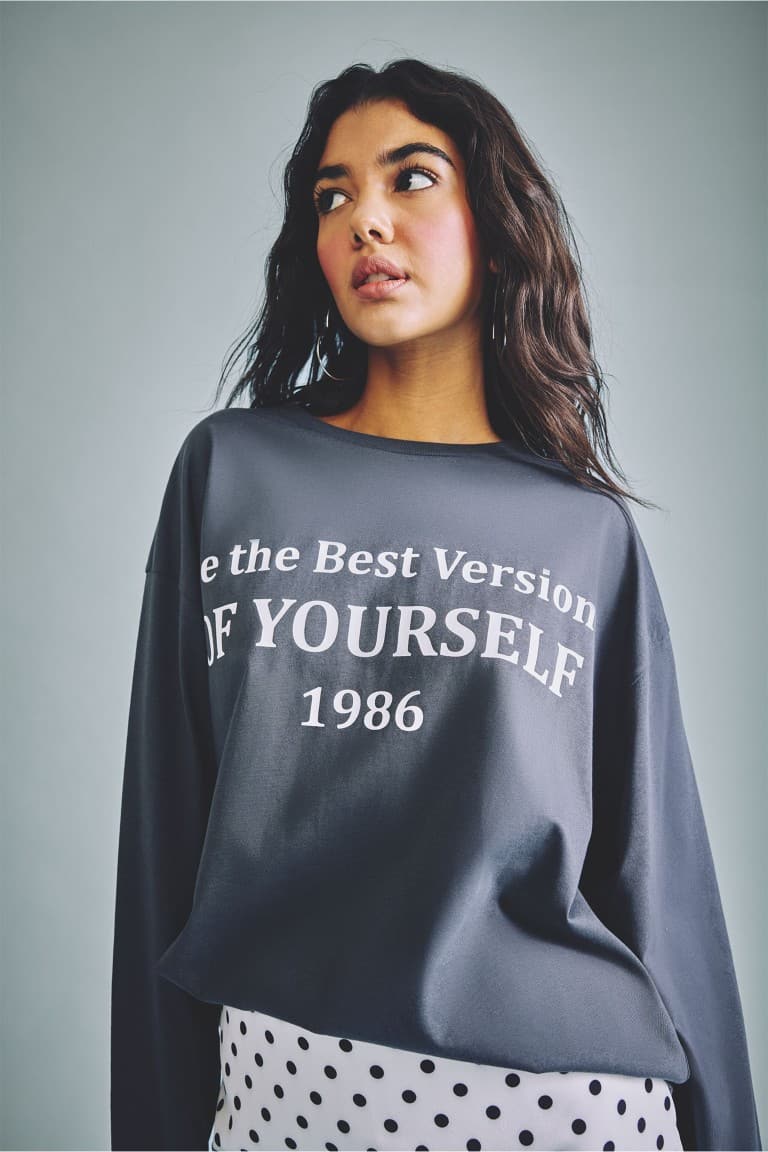 100% Cotton Overless Crew Neck Printed Long Sleeve Anthracite T-Shirt