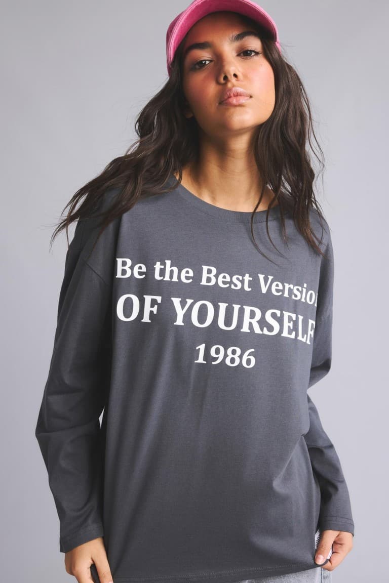 100% Cotton Overless Crew Neck Printed Long Sleeve Anthracite T-Shirt