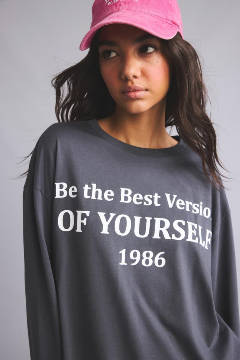 100% Cotton Overless Crew Neck Printed Long Sleeve Anthracite T-Shirt