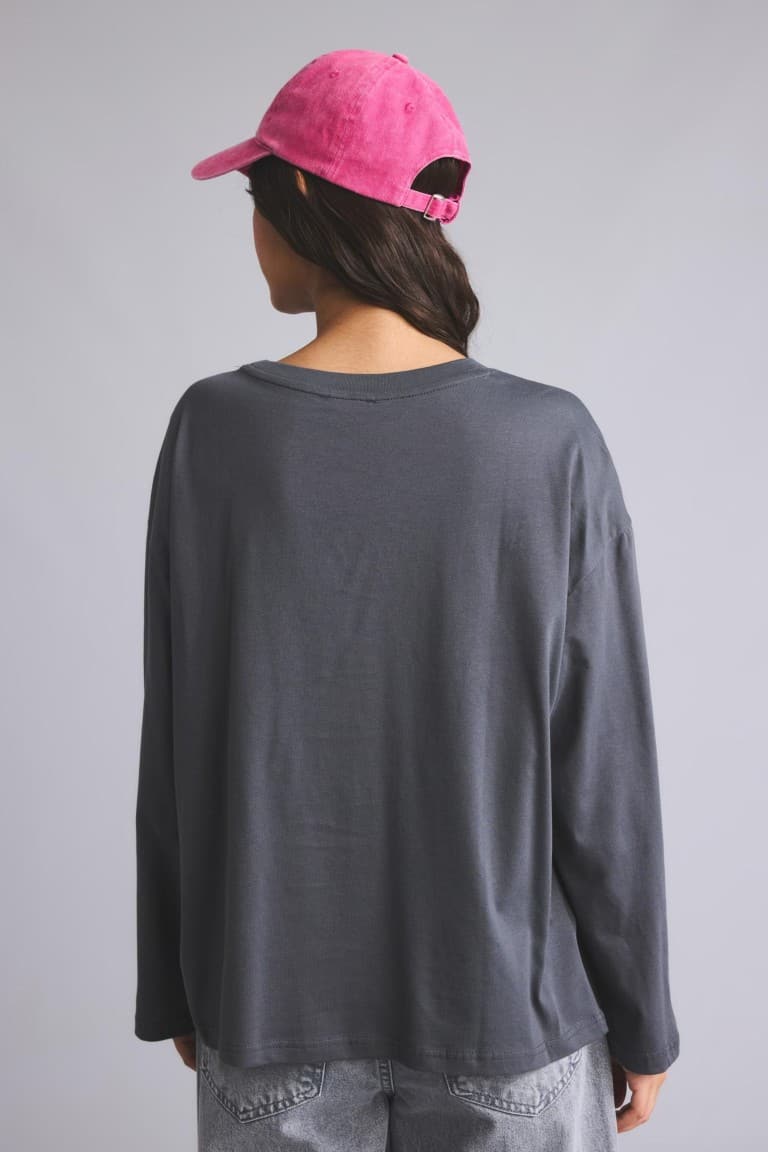 100% Cotton Overless Crew Neck Printed Long Sleeve Anthracite T-Shirt