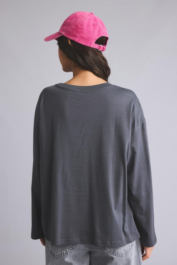100% Cotton Overless Crew Neck Printed Long Sleeve Anthracite T-Shirt