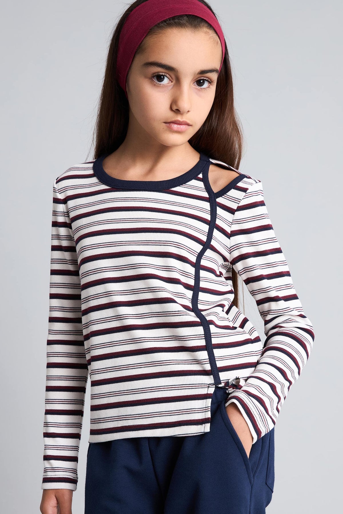 Crew Neck Striped Shoulder Detailed Rib Long Sleeve T-Shirt Girl Main image