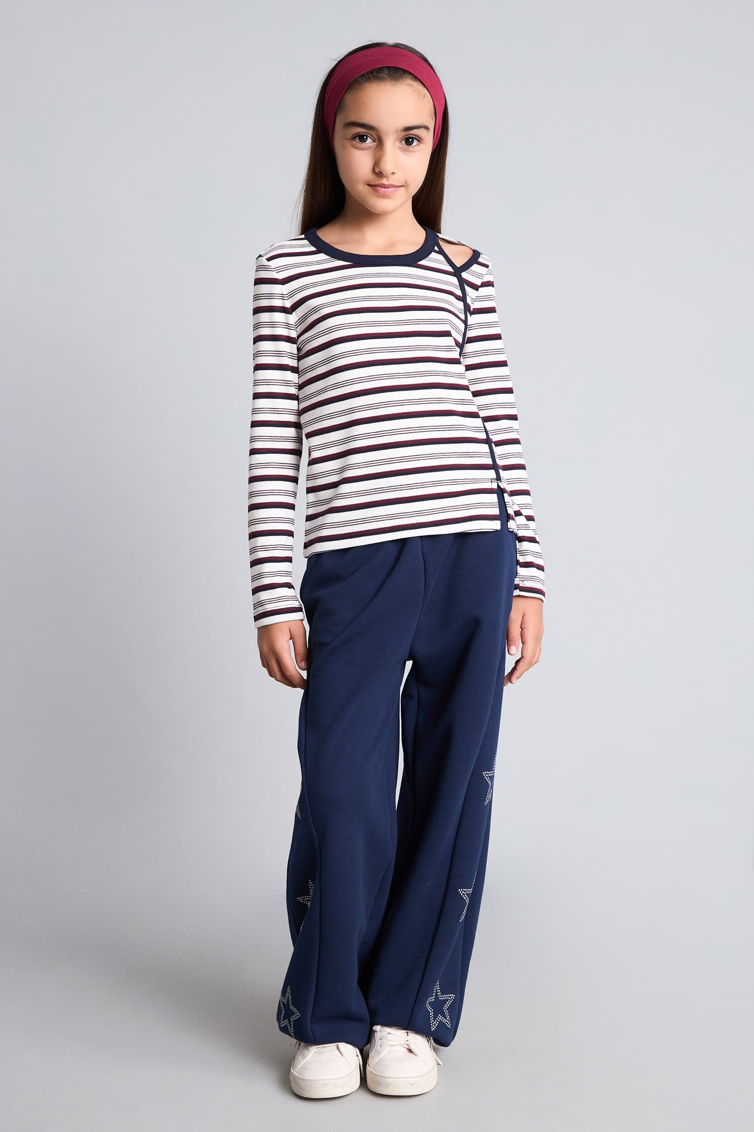 Crew Neck Striped Shoulder Detailed Rib Long Sleeve T-Shirt Girl Secondary image