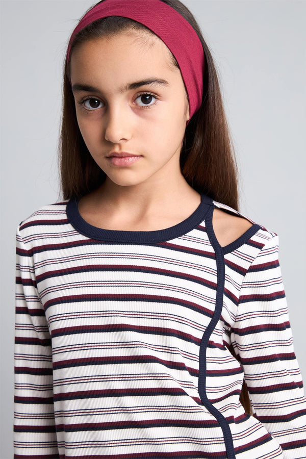 Crew Neck Striped Shoulder Detailed Rib Long Sleeve T-Shirt Girl