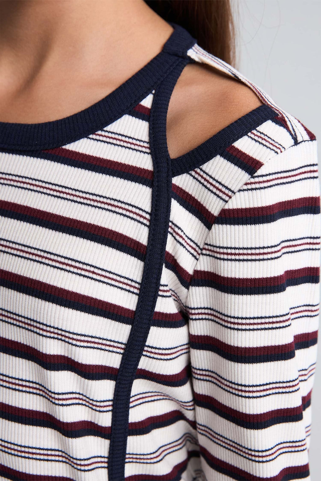 Crew Neck Striped Shoulder Detailed Rib Long Sleeve T-Shirt Girl
