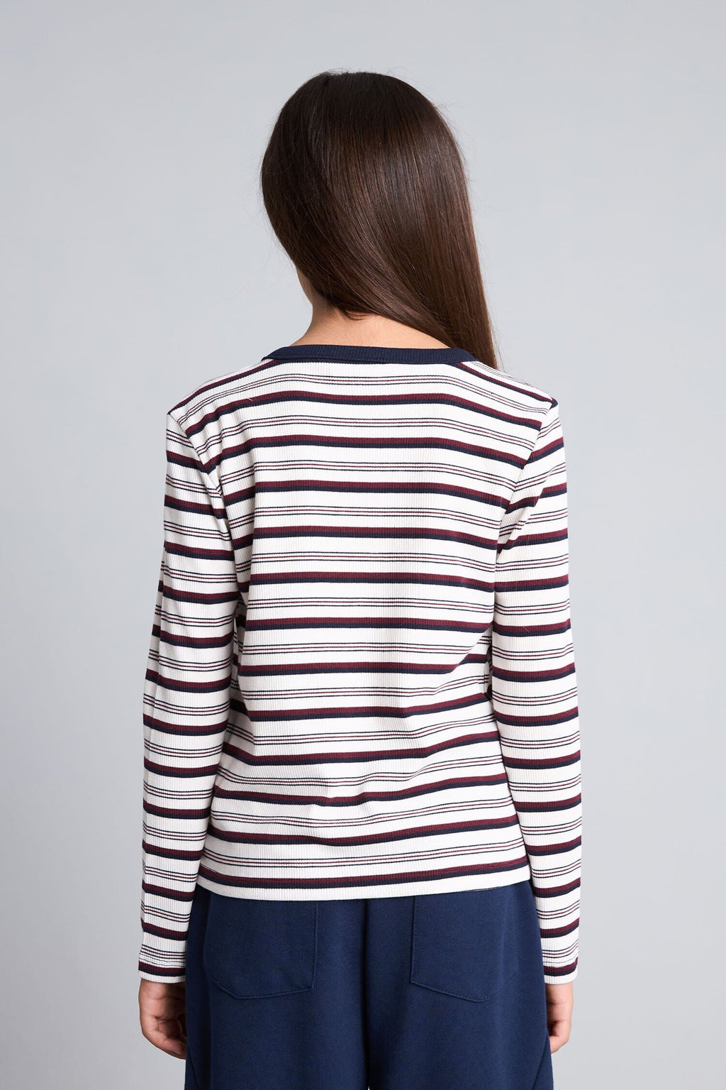 Crew Neck Striped Shoulder Detailed Rib Long Sleeve T-Shirt Girl