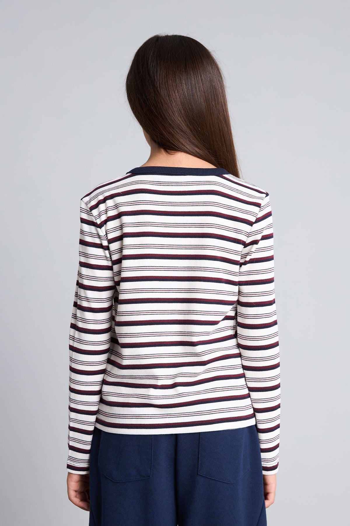 Crew Neck Striped Shoulder Detailed Rib Long Sleeve T-Shirt Girl
