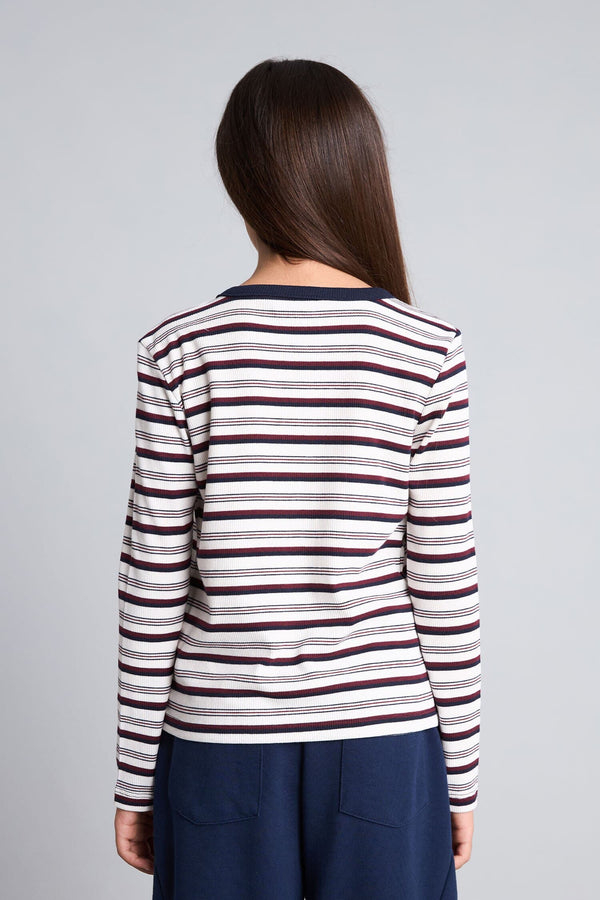 Crew Neck Striped Shoulder Detailed Rib Long Sleeve T-Shirt Girl