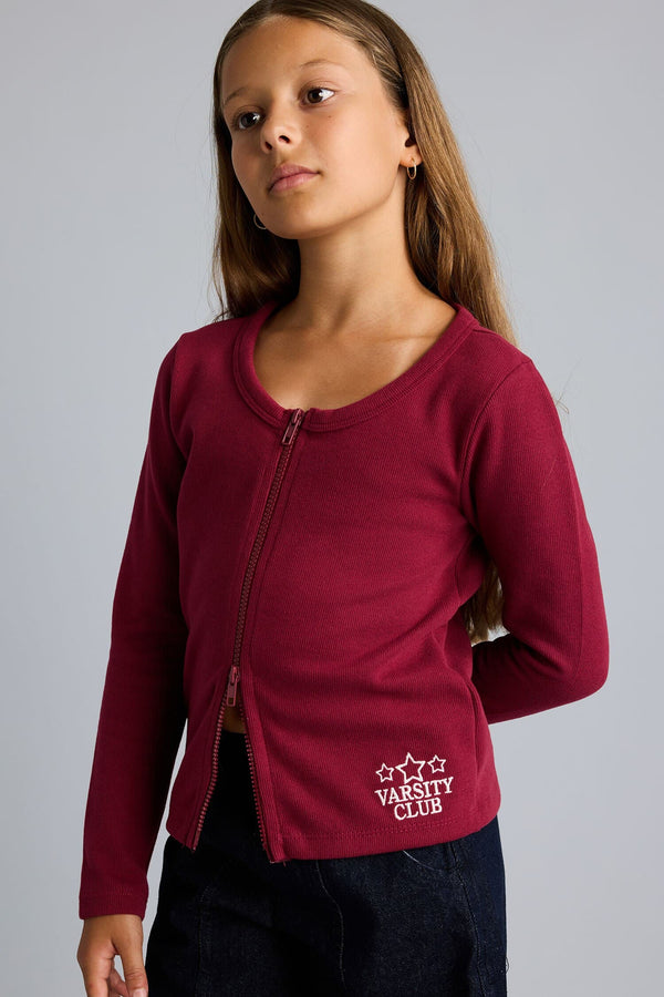 Round Neck Zippered Printed Thessaloniki Fabric Cardigan Girl