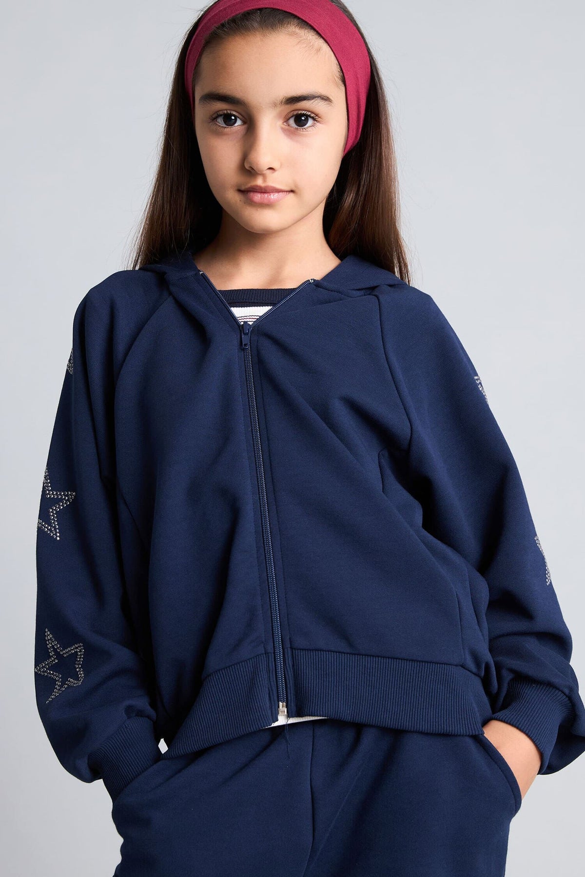 Hooded Zippered Star Detailed Sweatshirt Cardigan Girl