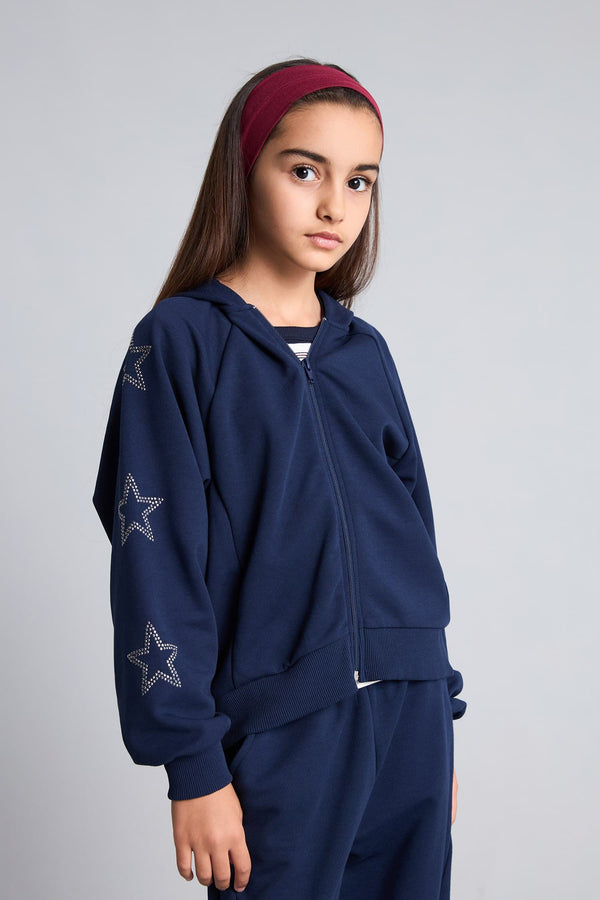 Hooded Zippered Star Detailed Sweatshirt Cardigan Girl