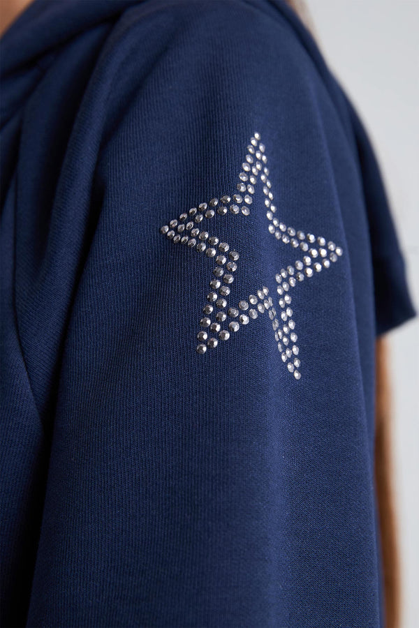 Hooded Zippered Star Detailed Sweatshirt Cardigan Girl