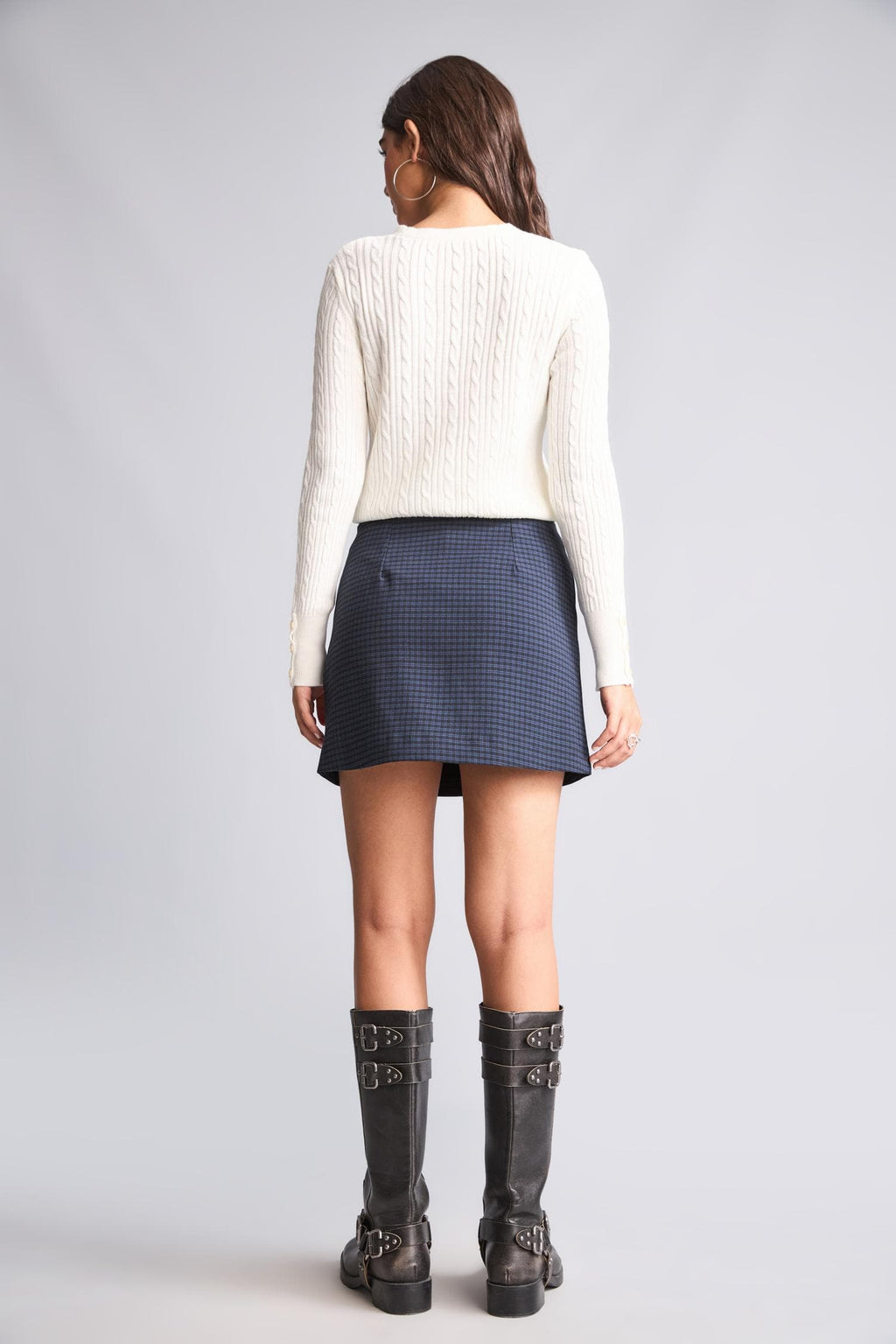 Checkered Regular Waist Navy Blue Skirt